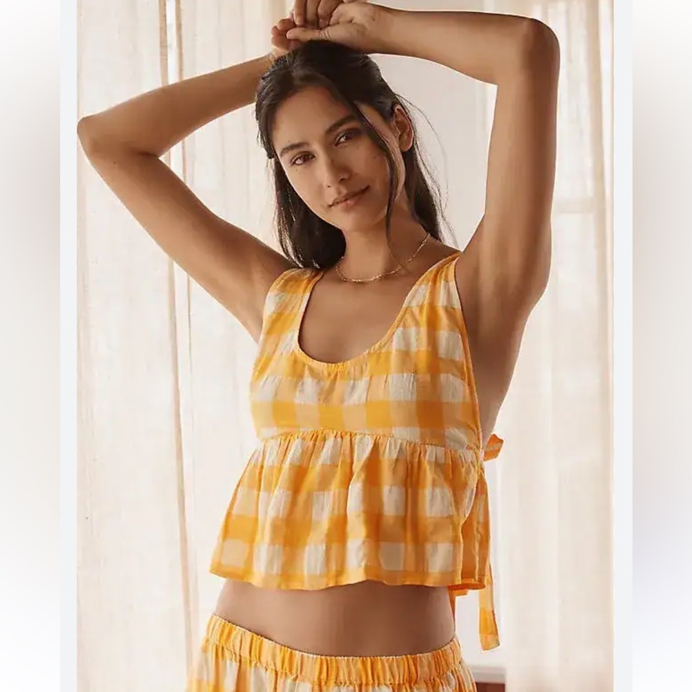 Anthropologie apron swing tank top size small orange white marigold gingham